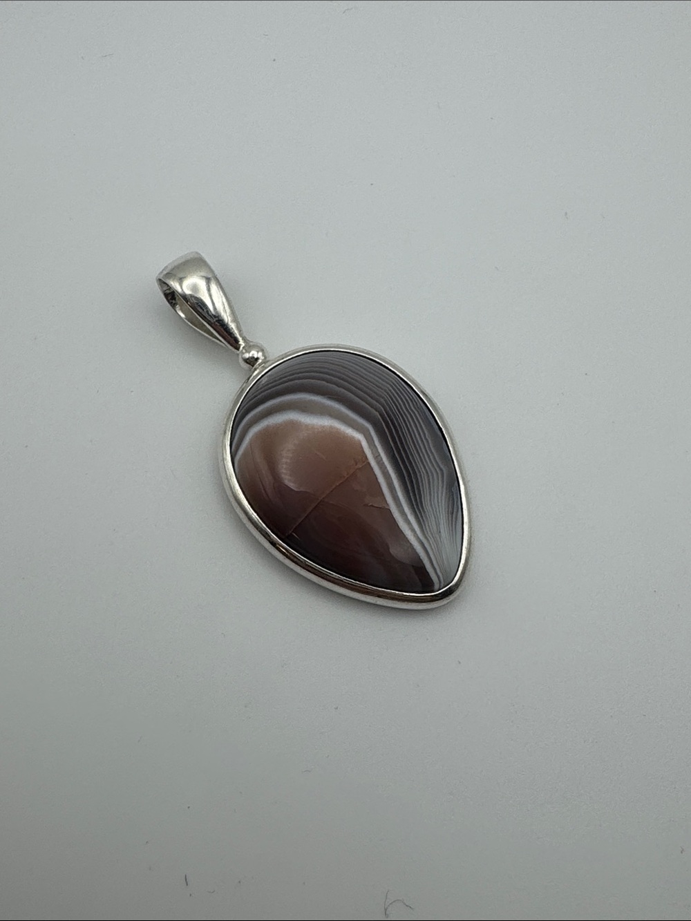 Sterling Silver Teardrop Agate Pendant in Brown and Gray